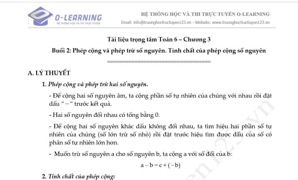 Toán 6. Tài liệu trọng tâm Chương 3. Buổi 2: Phép cộng phép trừ số nguyên. Tính chất phép cộng số nguyên.